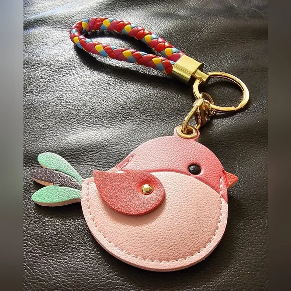Colorful Pink Bird Vegan Leather Air Tag Holder Keychain with Braided Strap NWOT - Picture 3 of 9